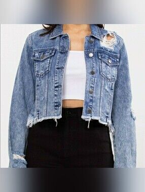 CELLO DISTRESSED RAW HEM DENIM JACKET